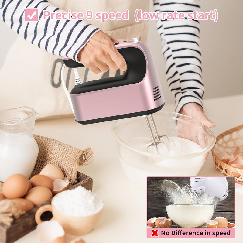 Yomelo 9-Speed Digital Hand Mixer Electric, 400W Powerful DC Motor, Hand Mixer Electric Handheld with Snap-On Storage Case, 5 Stainless Steel Accessories, Beaters, Dough Hooks, Whisk(Rose Gold) - Image 4
